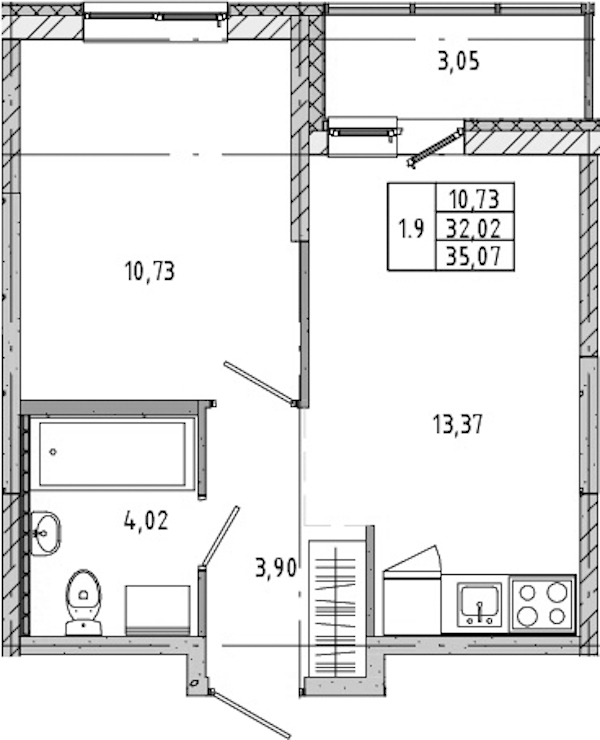 1-комнатная квартира 32.06 м², 15/17 эт., ЖК «Новые горизонты 2»